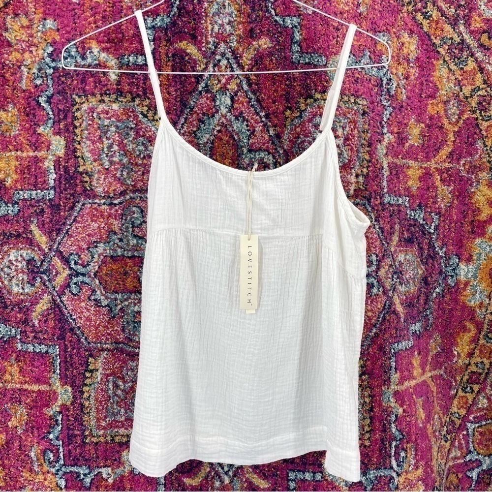Love Stitch NWT GAUZE SPAGHETTI STRAP TANK in White